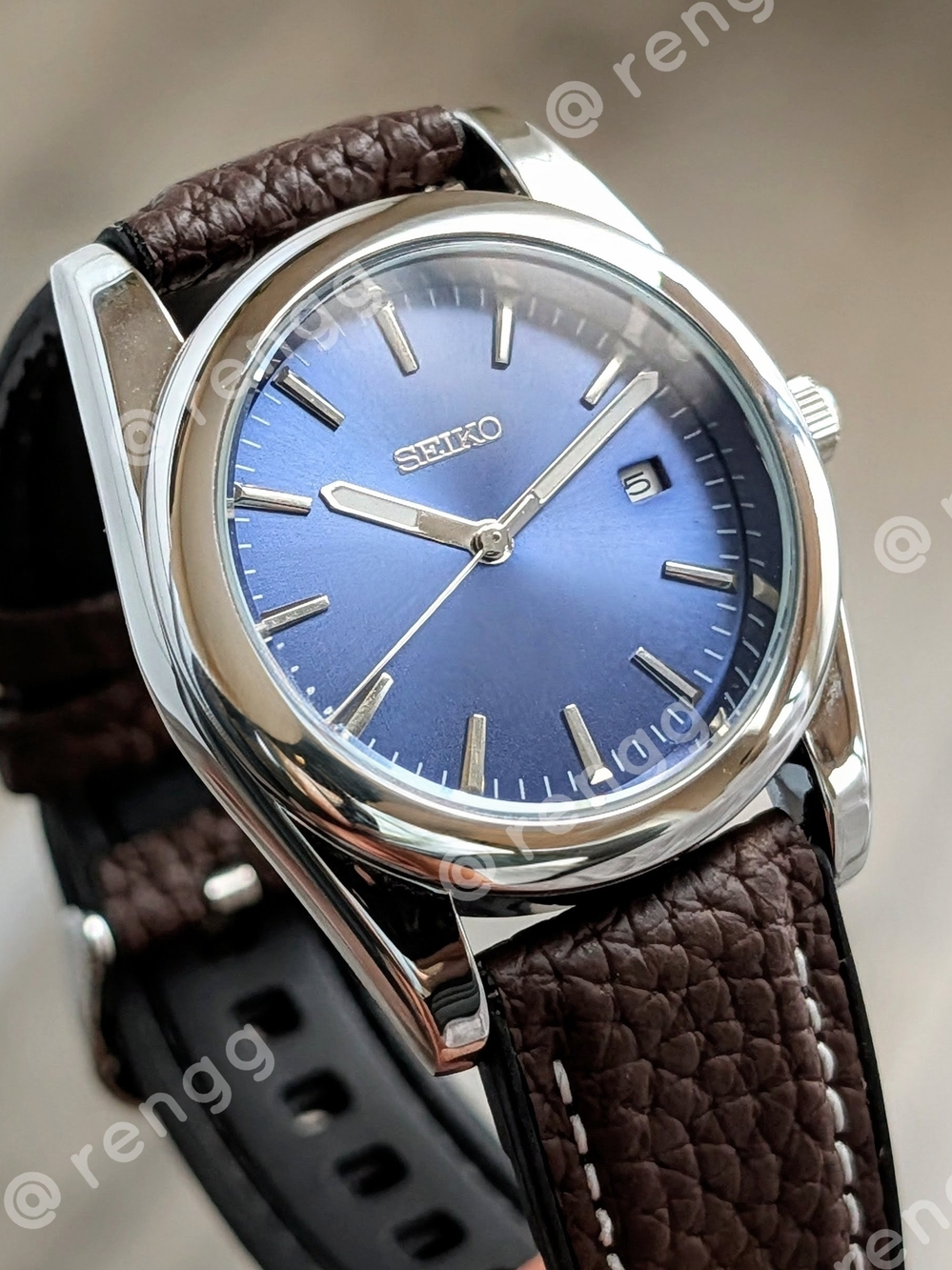 36.5mm Seiko Men's Blue Dial Brown Strap Mod Watch